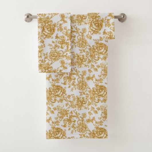 Gray & Gold Floral Damask Peony Rose Bad Handdoek (Insitu)