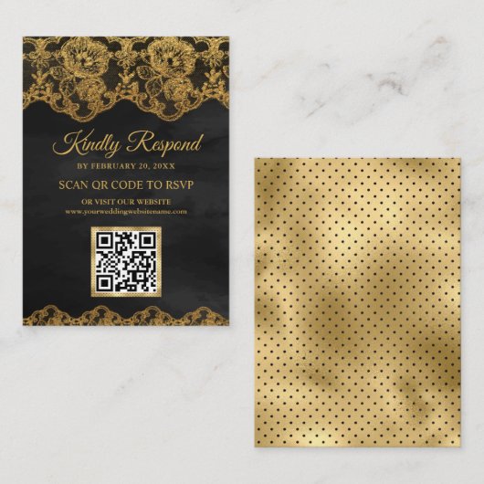 Gray Gold Foil Lace QR Code RSVP Weddenschap Websi Informatiekaartje (Voorkant / Achterkant)