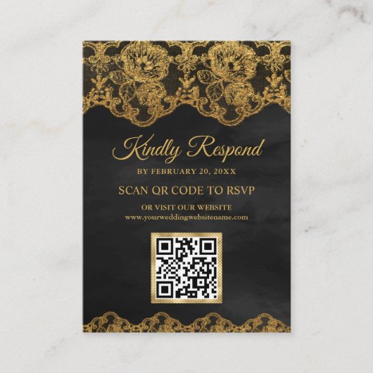 Gray Gold Foil Lace QR Code RSVP Weddenschap Websi Informatiekaartje (Voorkant)