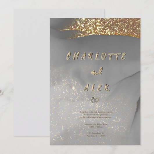Gray Gold Glitter Chic Ink Wedding Invitation Kaart (Voorkant / Achterkant)