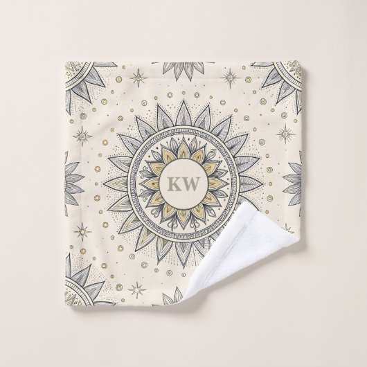 Gray Gold Mandala Pattern Monogram Bad Handdoek (Wasdoekje)