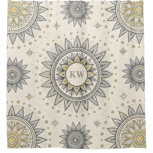 Gray Gold Mandala Pattern Monogram Douchegordijn (Voorkant)