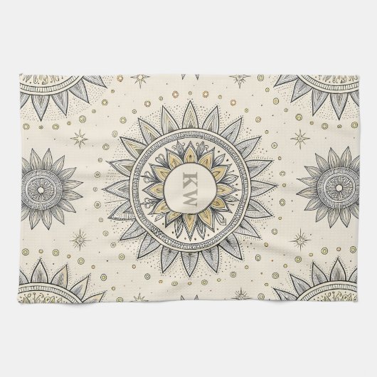 Gray Gold Mandala Pattern Monogram Theedoek (Horizontaal)
