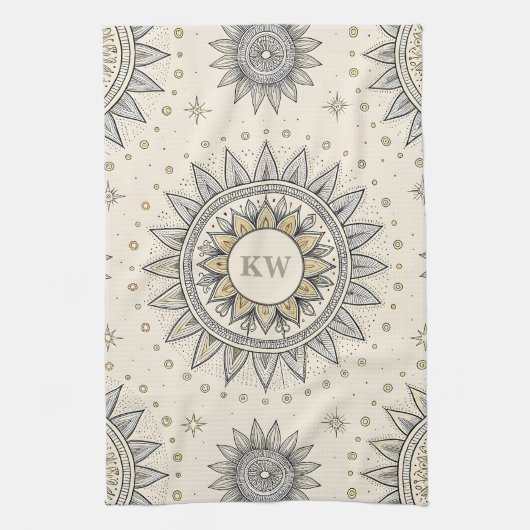 Gray Gold Mandala Pattern Monogram Theedoek (Verticaal)