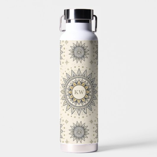Gray Gold Mandala Pattern Monogram Waterfles (Voorkant)