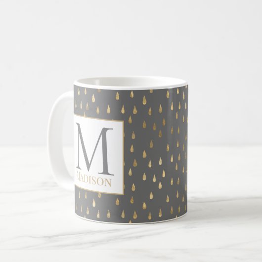 Gray Gold Raindrop Modern Trendy Monogram Koffiemok (Voorkant links)