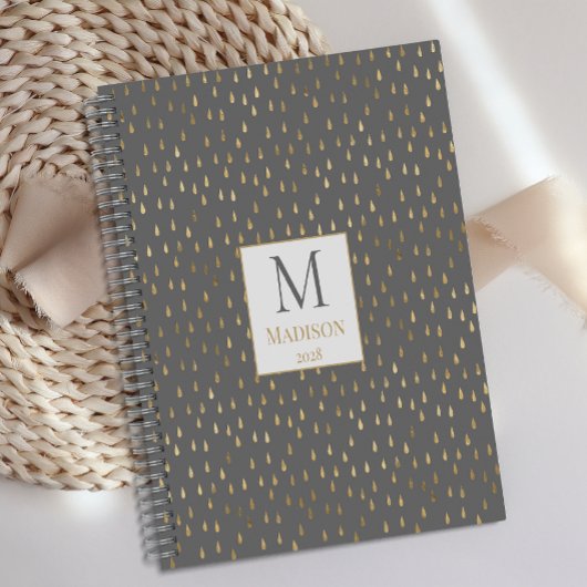 Gray Gold Raindrop Modern Trendy Monogram Planner