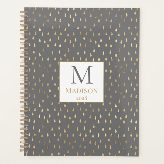 Gray Gold Raindrop Modern Trendy Monogram Planner (Voorkant)