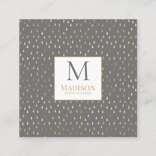 Gray Gold Raindrop Modern Trendy Monogram Vierkante Visitekaartje (Voorkant)