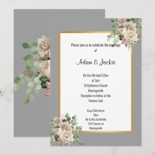 GRAY GOLD ROOS EUCALYPTUS WHITE WEDDING 2 KAART (Voorkant / Achterkant)