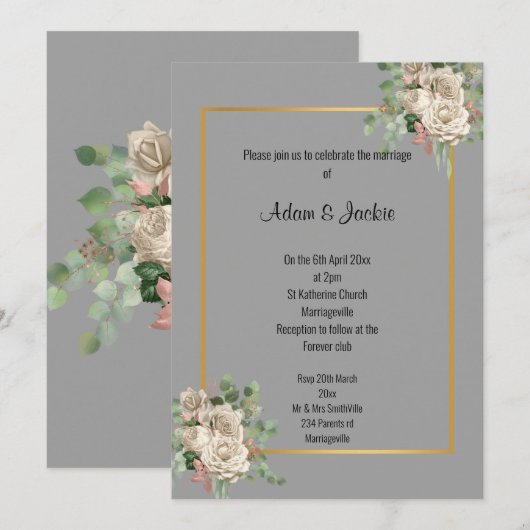 GRAY GOLD ROOS EUCALYPTUS WITE WEDDING INVITATION KAART (Voorkant / Achterkant)