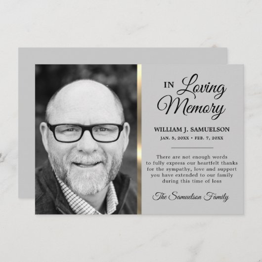 Gray Gold Sympathie Funeral Memory DANK U Foto Bedankkaart (Voorkant / Achterkant)