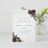 Gray Gothic Floral Skull Elegant Halloween Wedding Kaart (Staand voorkant)