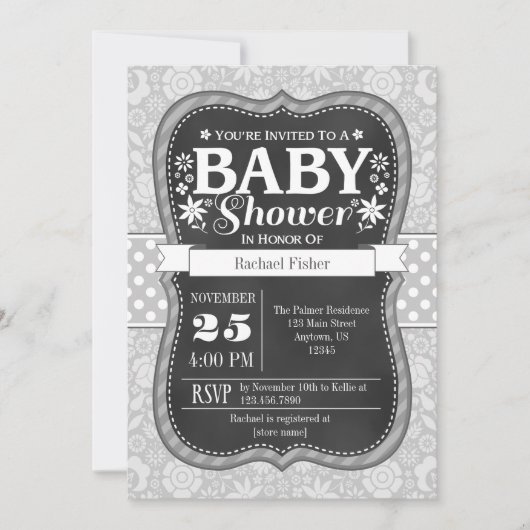 Gray Gray Chalkboard Floral Baby shower invite Kaart (Voorkant)