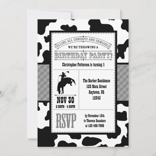 Gray Gray Koeienhuid Cowboy Birthday Uitnodiging (Voorkant)