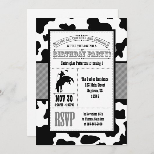 Gray Gray Koeienhuid Cowboy Birthday Uitnodiging (Voorkant / Achterkant)