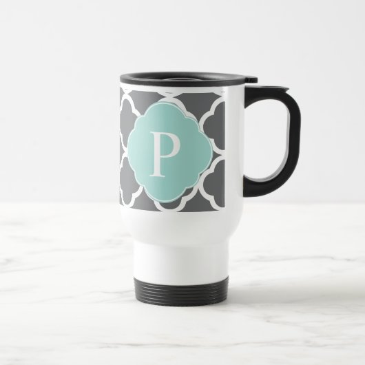 Gray Gray Mint Quatrefoil Monogram Reisbeker (Rechts)