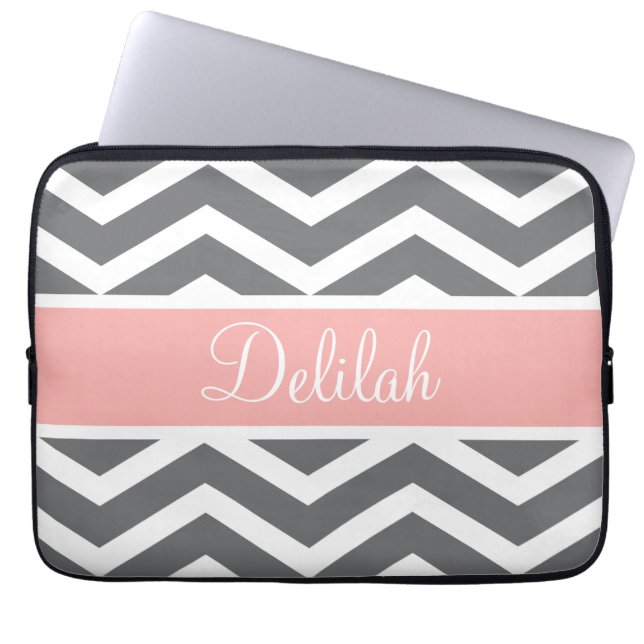 Gray Gray Peach Chevron Aangepaste naam Laptop Sleeve (Voorkant)