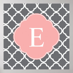 Gray Gray Peach Quatrefoil Monogram Poster