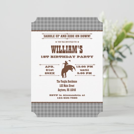 Gray Gray Pset Cowboy Rodeo Birthday Uitnodiging (Staand voorkant)