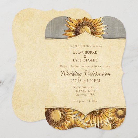 Gray Gray Rustic Sunflower Wedding Uitnodiging (Voorkant / Achterkant)