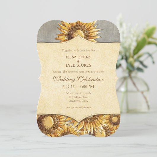 Gray Gray Rustic Sunflower Wedding Uitnodiging (Staand voorkant)