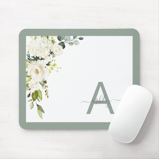 Gray Green Floral Script Monogram Initiaal Naam Muismat (Met muis)