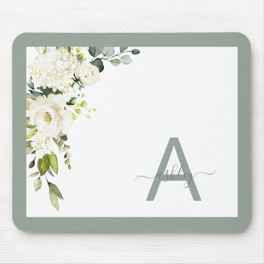 Gray Green Floral Script Monogram Initiaal Naam Muismat (Voorkant)