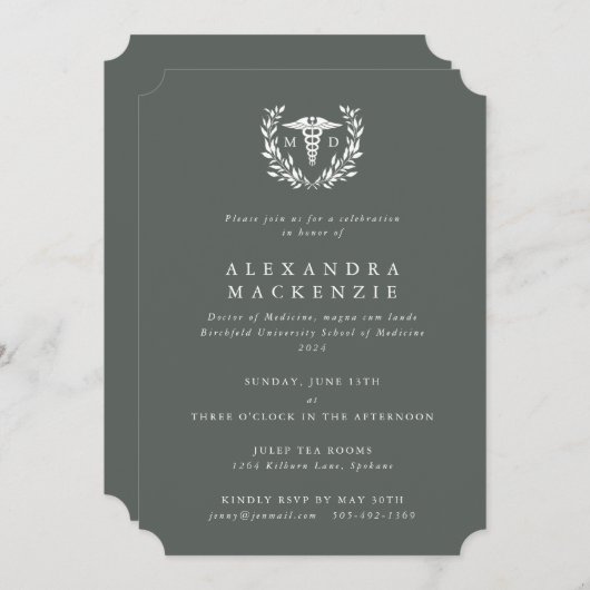 Gray-Green MD Caduceus+Laurel Wreated Afstuderen Kaart (Voorkant / Achterkant)