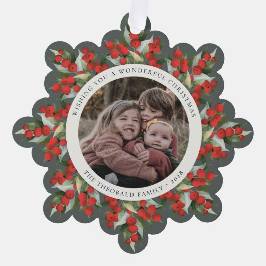 Gray-Green Red Berries+Greenery Christmas Paper Ornament Kaart (Voorkant)