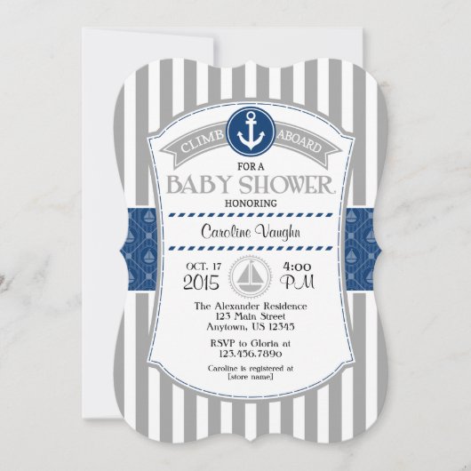 Gray Grey Blue Nautical Baby shower Invitation Kaart (Voorkant)