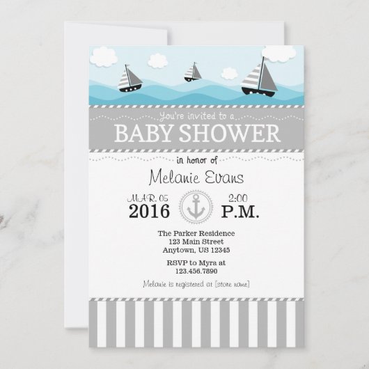 Gray Grey Blue Nautical Baby shower Invitation Kaart (Voorkant)