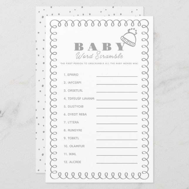 Gray Hand-Drawn Beanie Baby Word Scramble (Voorkant / Achterkant)