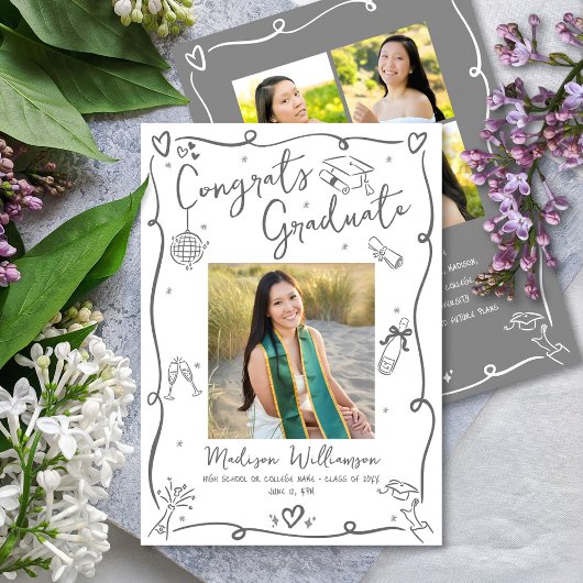 Gray Hand Drawn Doodles Graduation 4 Photo White Aankondiging