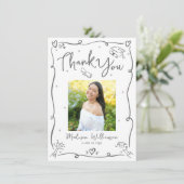 Gray Hand Drawn Doodles Photo Graduation White Bedankkaart (Staand voorkant)