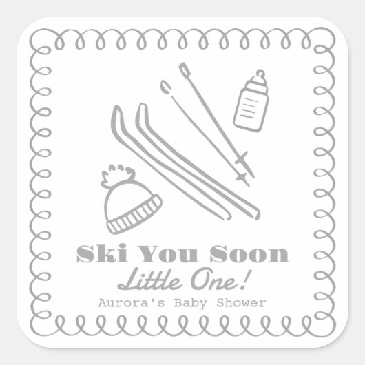 Gray Hand-Drawn Ski You Soon Baby Shower Vierkante Sticker (Voorkant)