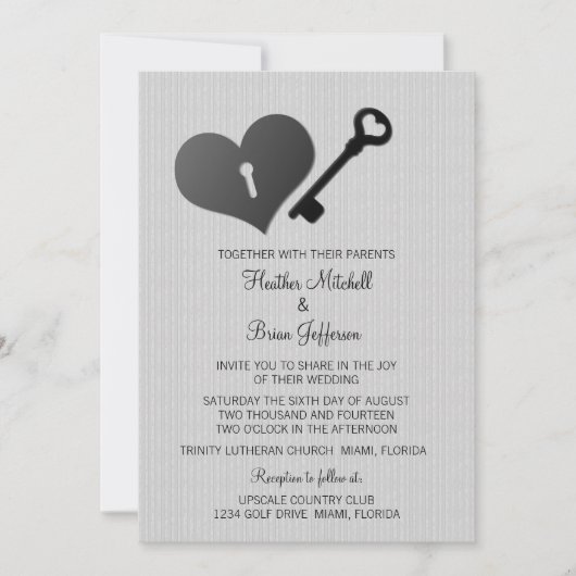 Gray Heart Lock en Key Wedding Invite Kaart (Voorkant)