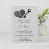 Gray Heart Lock en Key Wedding Invite Kaart (Staand voorkant)