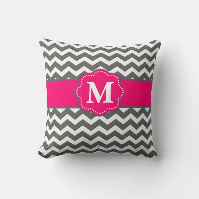 Gray Hot Pink Chevron Monogram Pillow Kussen (Voorkant)