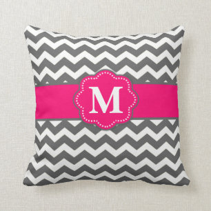 Gray Hot Pink Chevron Monogram Pillow Kussen