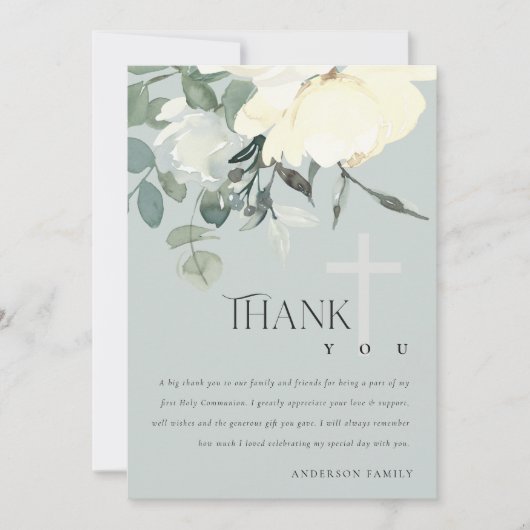 GRAY IVORY WHITE AQUA FLORAL FIRST HOLY COMMUNION BEDANKKAART (Voorkant)