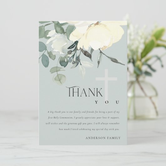 GRAY IVORY WHITE AQUA FLORAL FIRST HOLY COMMUNION BEDANKKAART (Staand voorkant)
