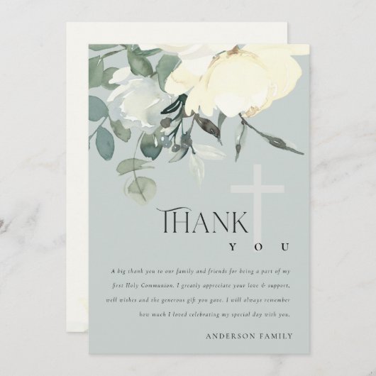 GRAY IVORY WHITE AQUA FLORAL FIRST HOLY COMMUNION BEDANKKAART (Voorkant / Achterkant)