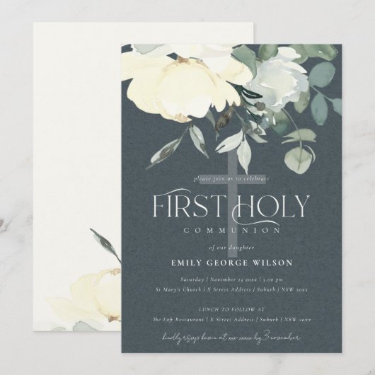 GRAY IVORY WHITE AQUA FLORAL FIRST HOLY COMMUNION KAART (Voorkant / Achterkant)