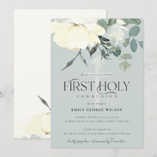 GRAY IVORY WHITE AQUA FLORAL FIRST HOLY COMMUNION KAART