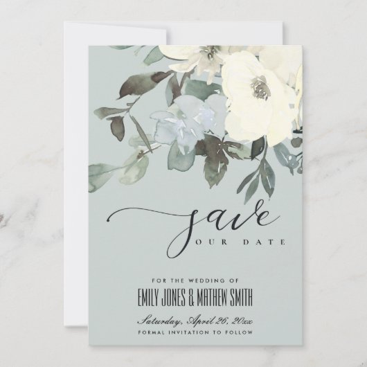 GRAY IVORY WHITE AQUA FLORAL WATERVERF BUNCH SAVE THE DATE (Voorkant)