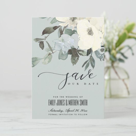 GRAY IVORY WHITE AQUA FLORAL WATERVERF BUNCH SAVE THE DATE (Staand voorkant)