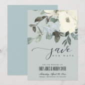 GRAY IVORY WHITE AQUA FLORAL WATERVERF BUNCH SAVE THE DATE (Voorkant / Achterkant)