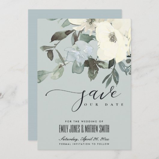 GRAY IVORY WHITE AQUA FLORAL WATERVERF BUNCH SAVE THE DATE (Voorkant / Achterkant)