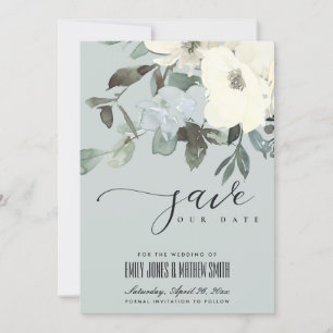 GRAY IVORY WHITE AQUA FLORAL WATERVERF BUNCH SAVE THE DATE